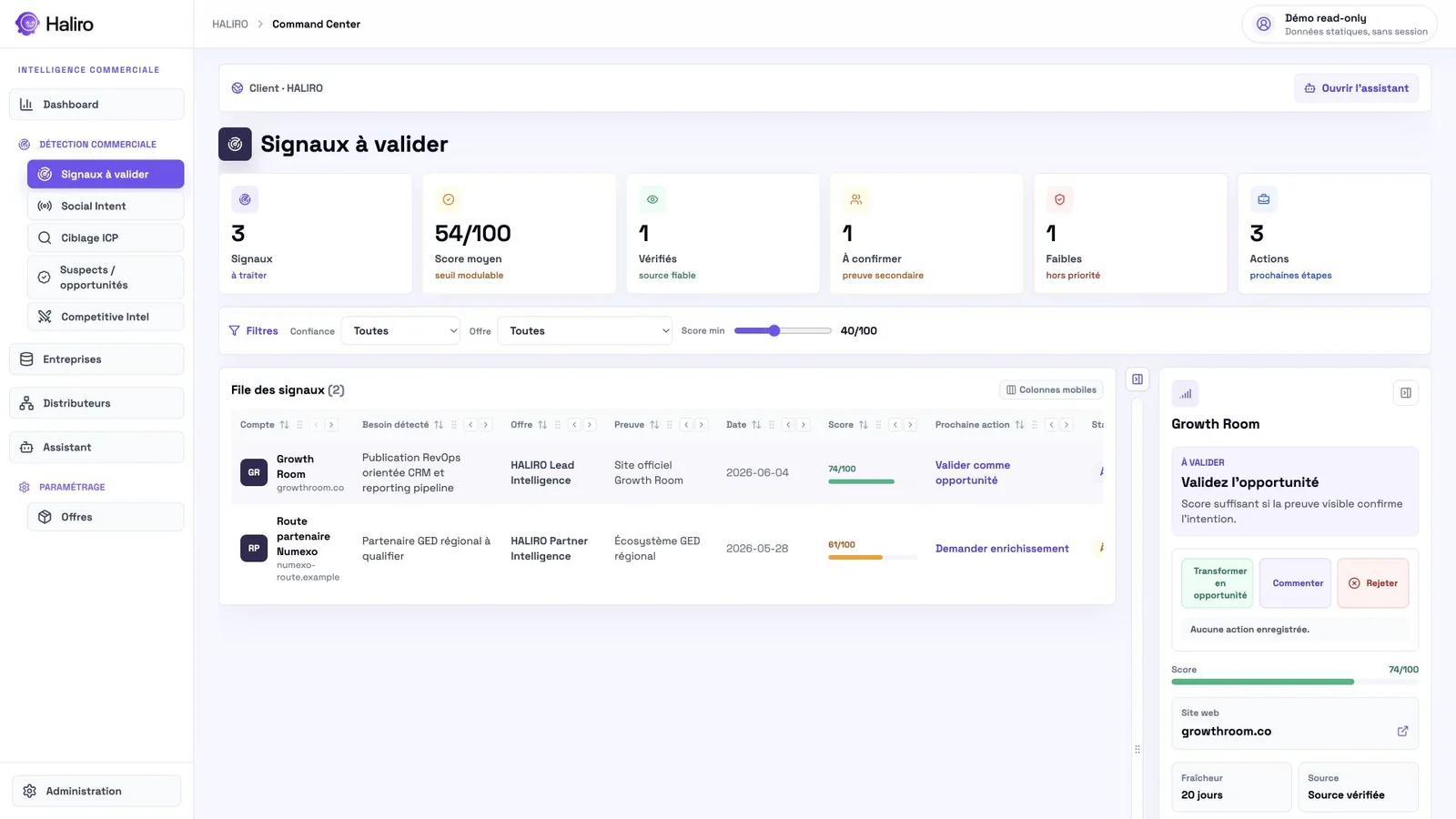 Validation manager — Capture du parcours de validation contrôlée, avec données de démonstration statiques.